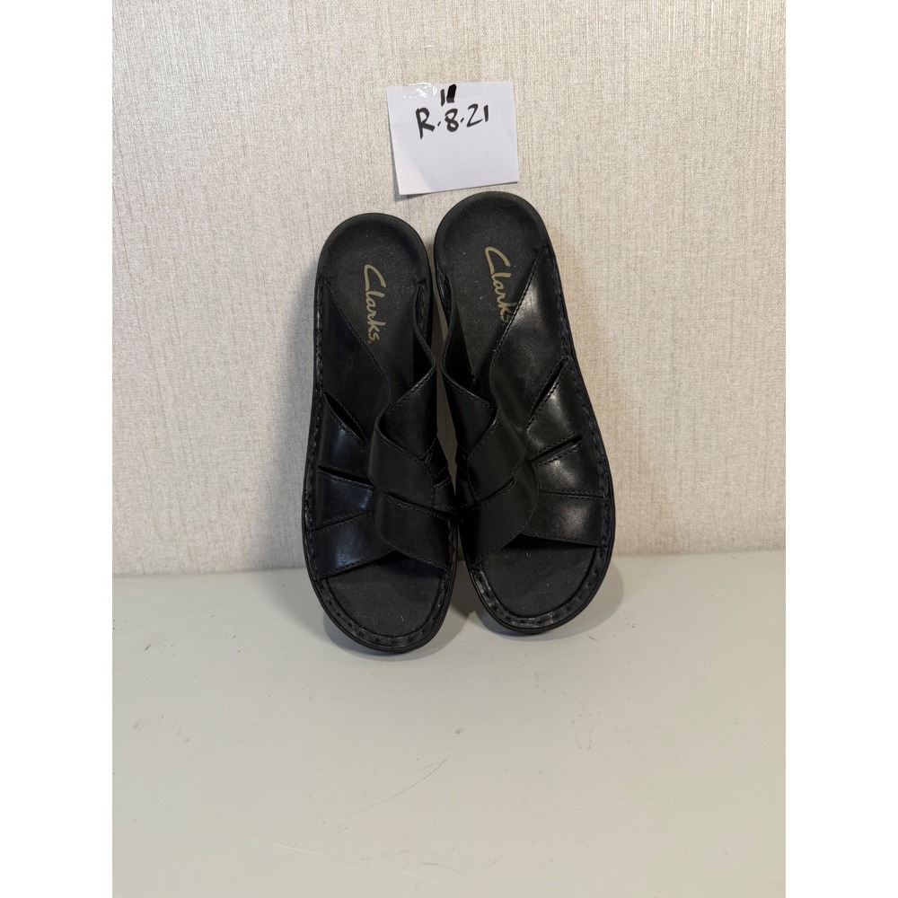 Clarks Womens 9M Black Leather Slide Sandals Woven Strap Comfort 31235 Brazil